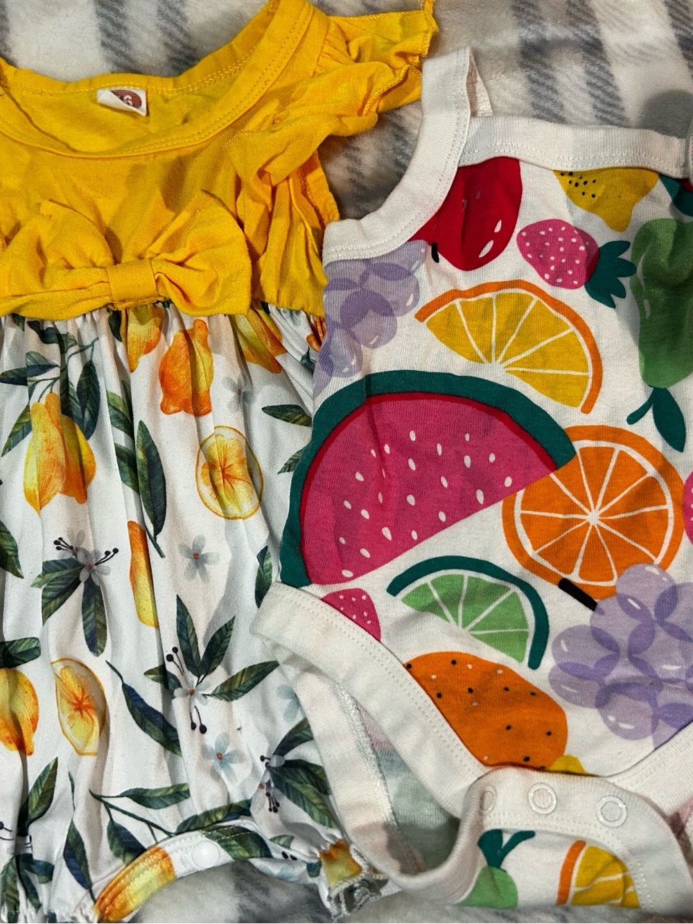 Yellow Lemon Floral Baby romper & Fruit Print onsie Set and 2 floral onsies